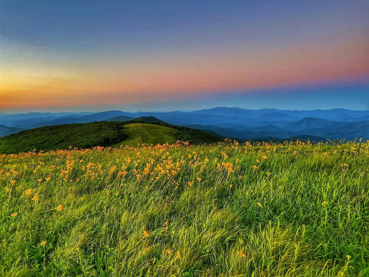 A sweeping view of vast green fields stretching toward a majestic mountain range, with a colorful sunset sky overhead. The scene evokes a sense of tranquility and wonder, highlighting the natural beauty and grandeur of the Blue Ridge Mountains.